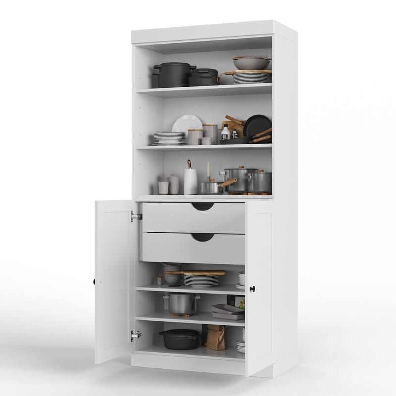 Palace Imports 100% Solid Wood 32" Pantry Cabinet with Shaker Doors, 2-Drawers and Adjustable Shelves - White