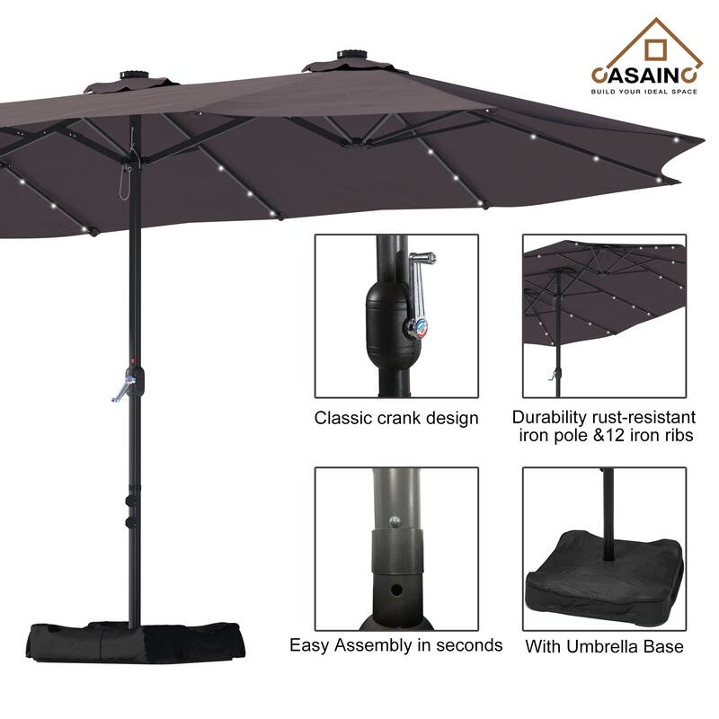 15-ft. Rectangular Crank Double-sided Outdoor Market Umbrella Solar LED Lighted Patio Umbrella with Base Included