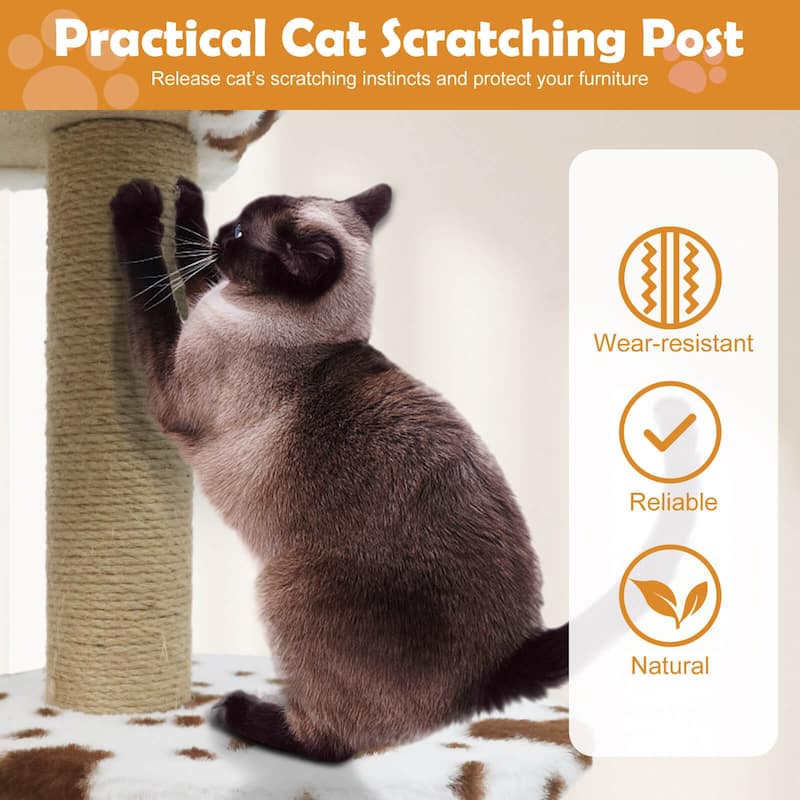 Costway Modern Cat Tree with Wide Upholstered Perch & 2-Entrance Cat - White, Brown - See Details