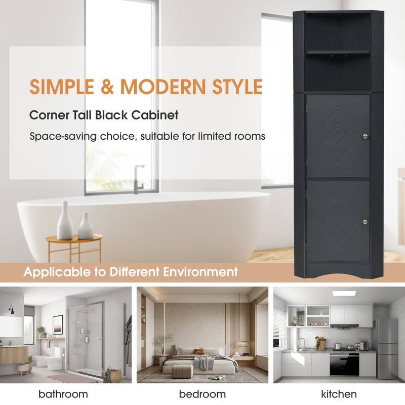 Home Tall Corner Cabinet with 2 Doors and 2 Tiers of Outside Shelves, Freestanding Storage Cabinet with Adjustable Shelves