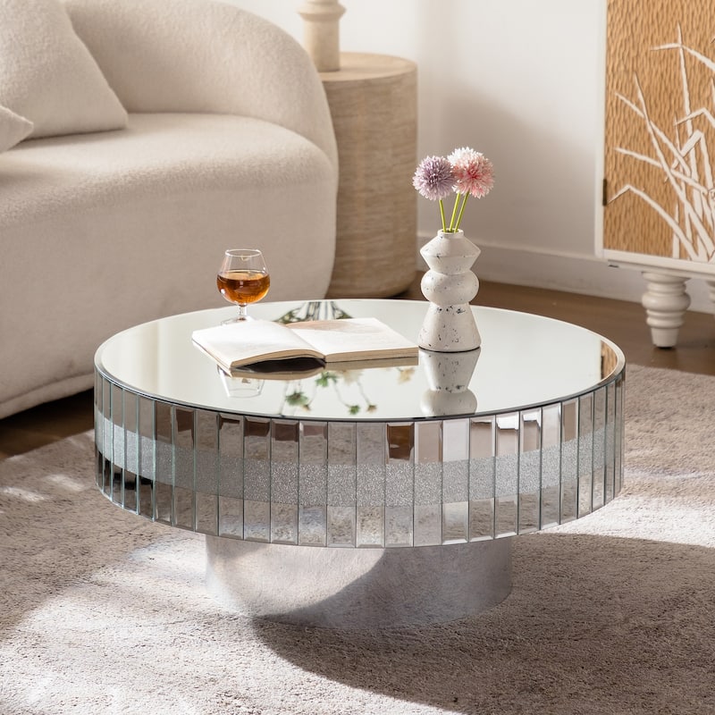 30.9" Round Silver Mirrored Coffee Table with Crushed Diamond Inlays & Crystal Edge, Modern Luxury Center Table for Living Room - Silver