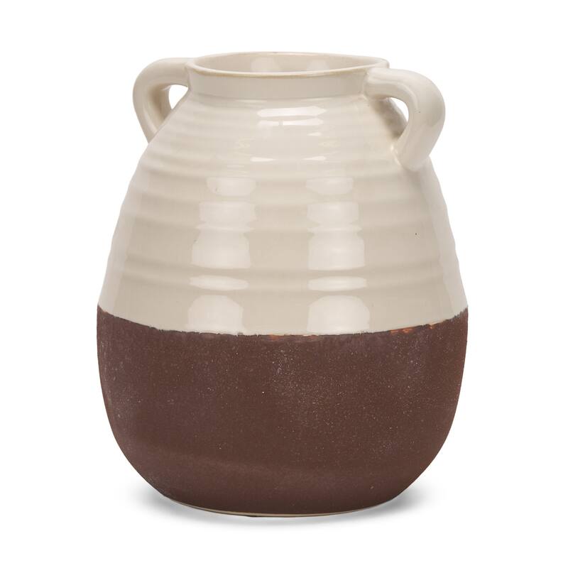 14" Brown And Cream Ceramic Amphora Table Vase - 9.05