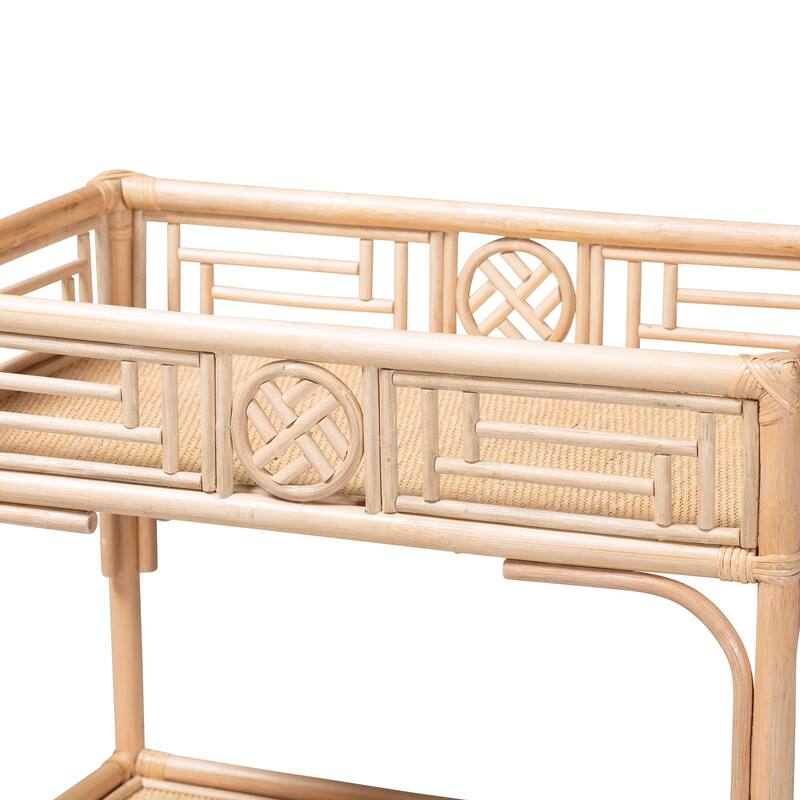 Molina Natural Rattan Wine Cart - 2-Tier Beverage Trolley with Wheel and Bottle Holders, Tropical Coastal Style Furniture