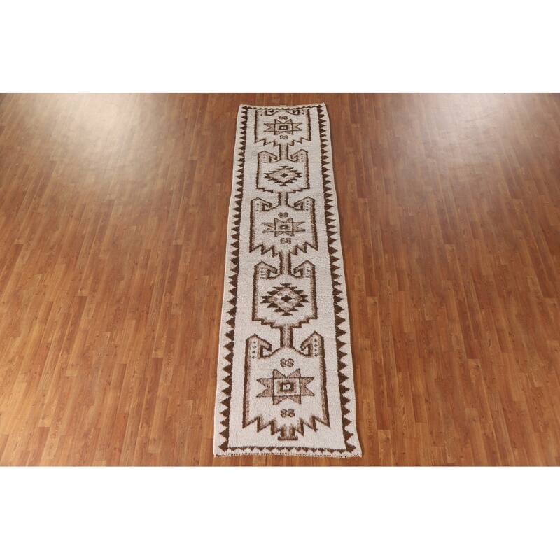 Geometric Anatolian Turkish Runner Rug Handmade Wool Carpet - 3'0"x 11'2"