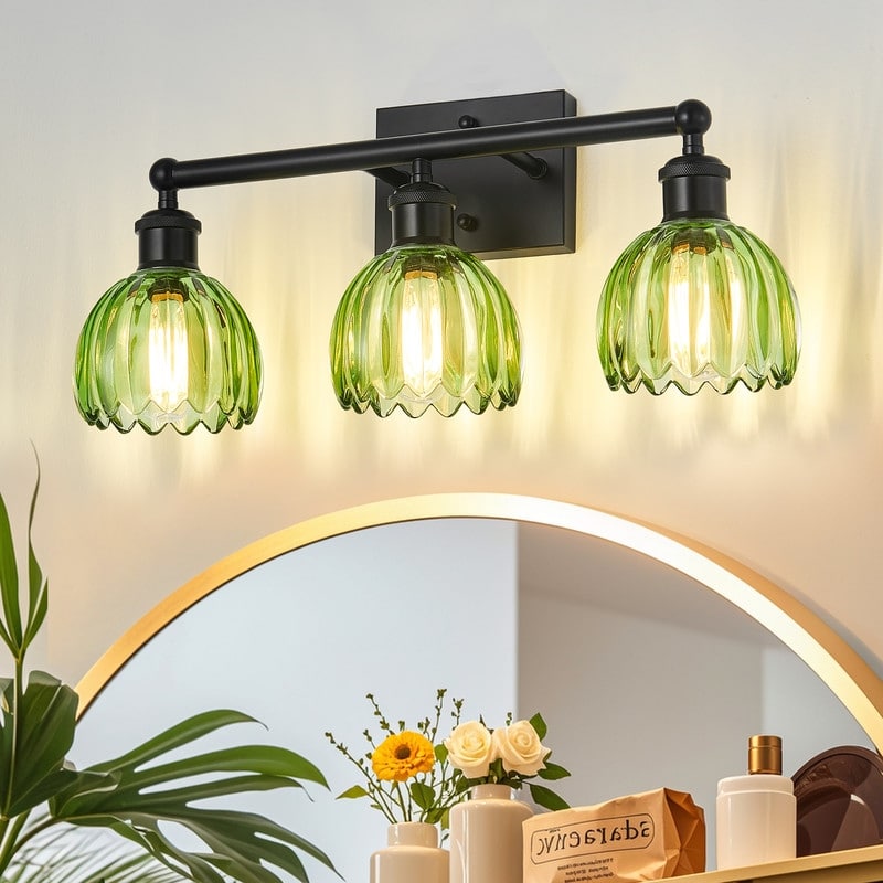 Modern Vintage Bathroom Vanity Light - Patterned Glass Shade E26 Bulb Base - 3-Lights - Green