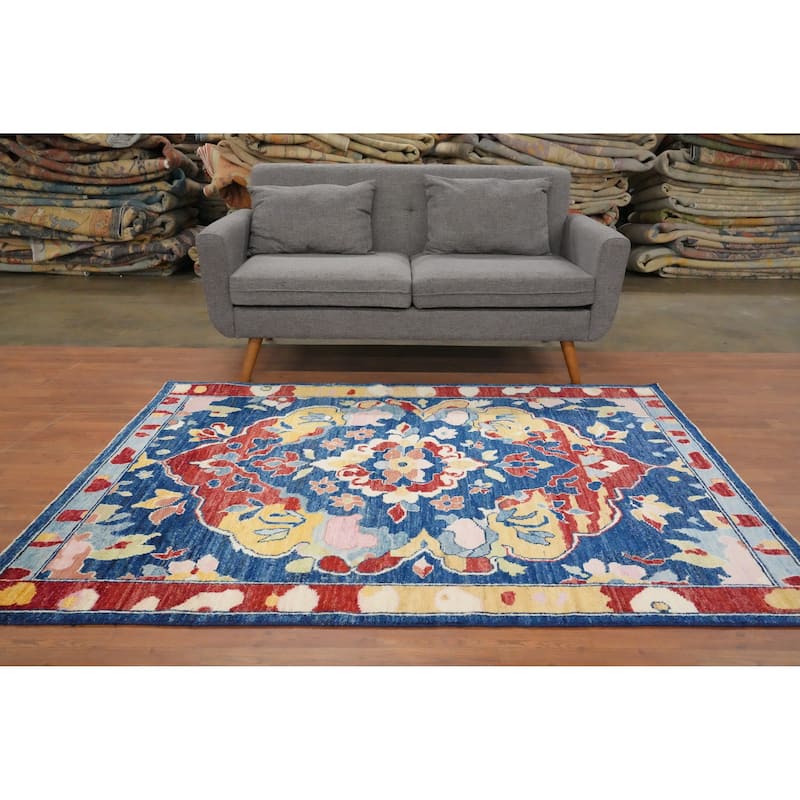 Hand Knotted Oriental 100% Wool Carpet Transitional Floral Navy Blue & Blues Oushak Area Rug - 6' 7'' X 5' 0''