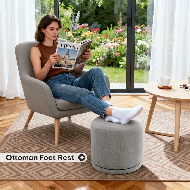 Fully Assembled Linen Round Swivel Ottoman Footstool with Acacia Hardwood Frame