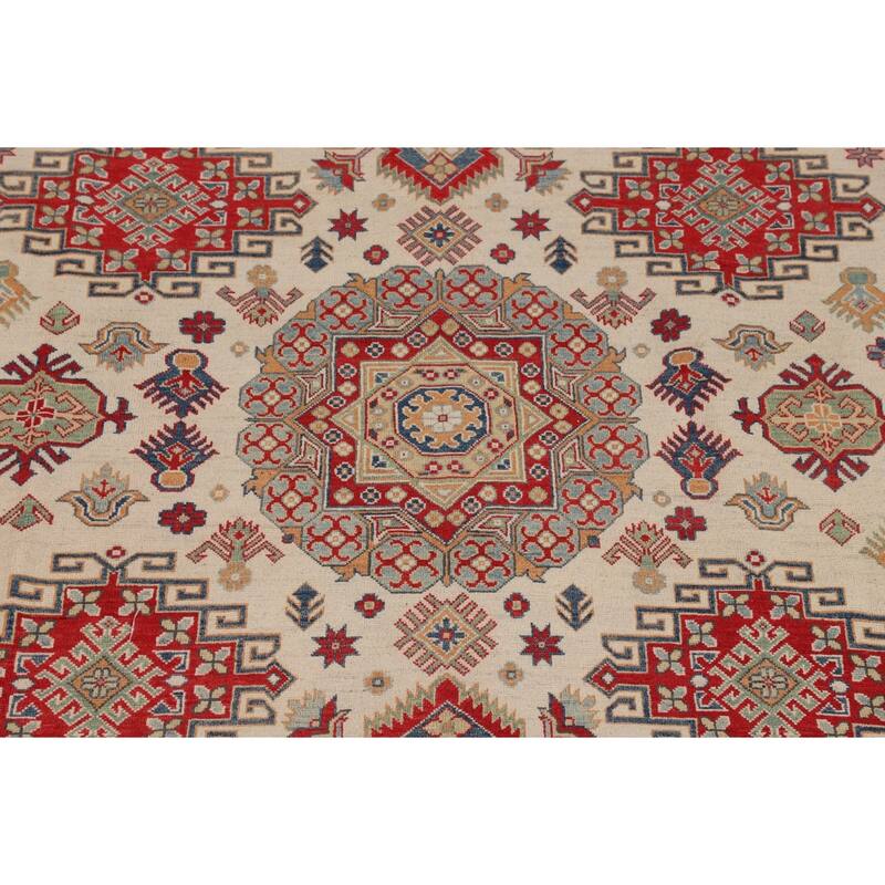 Ivory Geometric Kazak Oriental Area Rug Handmade Wool Carpet - 8'0" x 10'3"