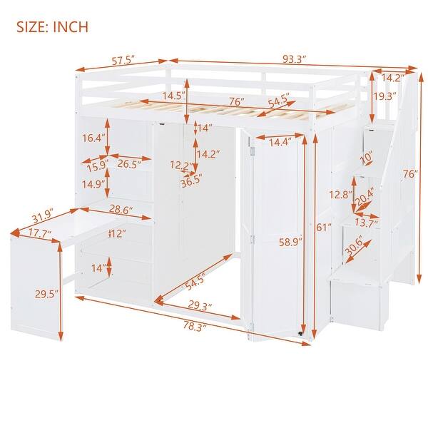 Elegant Full Size Bunk Bed with Storage Wardrobe and Shelves, Versatile Bed with Built-In Desk Beneath the Bed
