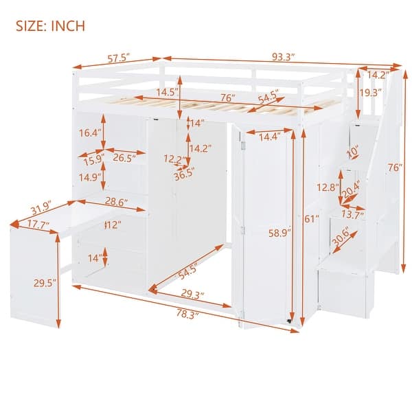 White Modern Wooden Full Size Bunk Bed with Wardrobe Rack,Desk and Shelves
