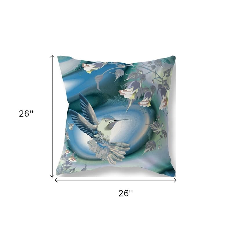 HomeRoots 26" X 26" Blue and White Bird Blown Seam Floral Indoor Outdoor Throw Pillow - 26.00' X '26.00' X '5.00