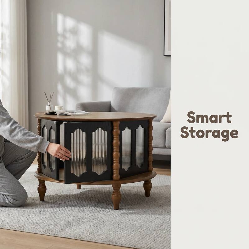 GDFStudio Theryn Real Wood Veneer Round Coffee Table with Three-Door Storage