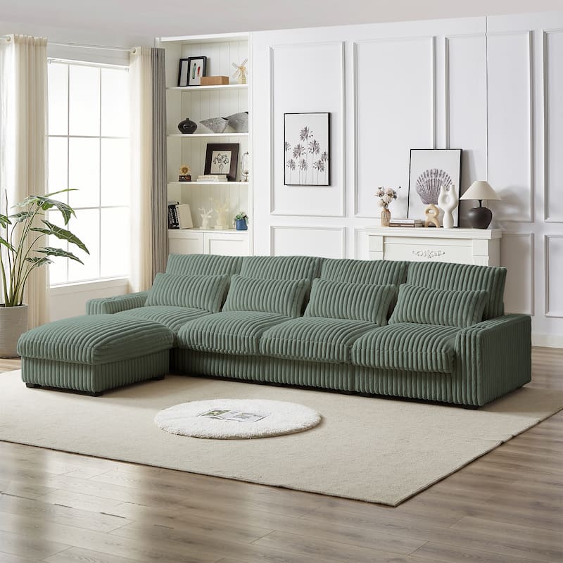 Super Large 126-Inch Corduroy L-Shaped Sofa with Cup Holders, USB Port, Movable Footrest, and 8 Cushions.