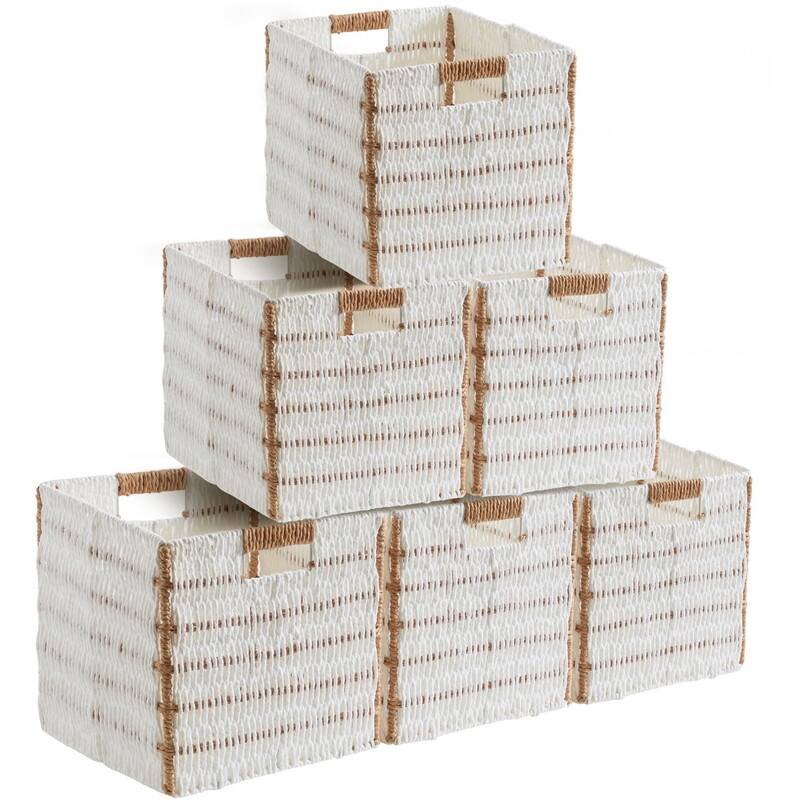 Handwoven Paper Wicker Storage Bins – Set of 6 Collapsible 13x13" Cube Baskets with Handles - 6 Pack - White/Brown - 6 Pack