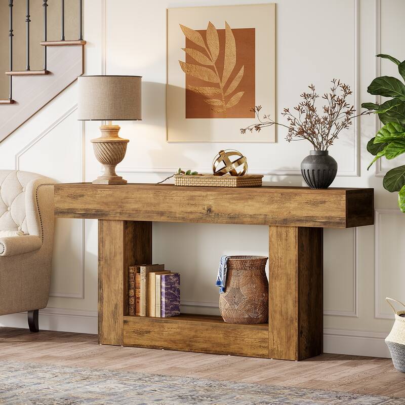 63 Inches Brown/ Gray Wood Console Table, Farmhouse Entryway Table for Hallway