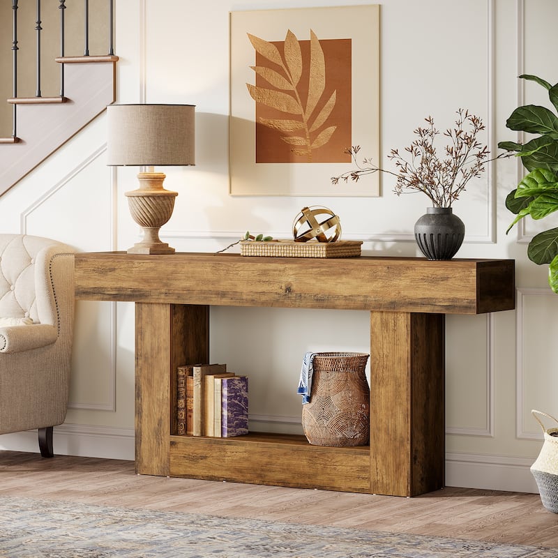 Farmhouse 2 Tiers Console Table Entryway Table with U-Shaped Base