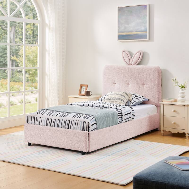 Kids Boucle Upholstered Bed with Rabbit Ear Headboard, LED Music Sync & 4 Drawers