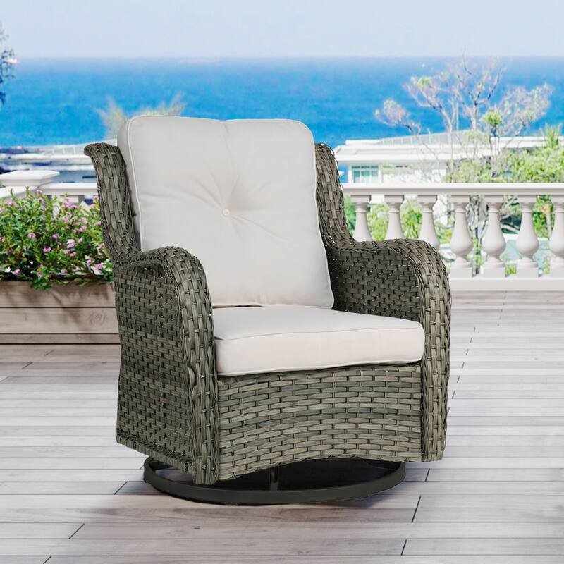 Outdoor Rattan Wicker Swivel Lounge Chair Cushioned Patio Rocker - Beige