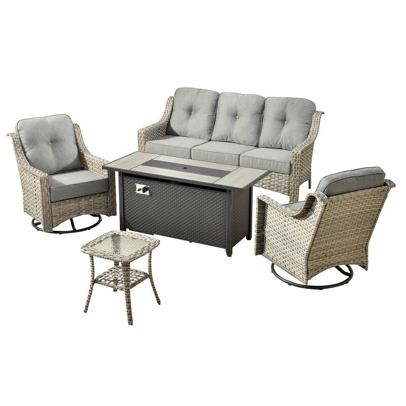 HOOOWOOO 5-piece Rattan Outdoor Patio High Back Swivel Chair Set with 54"Fire Pit