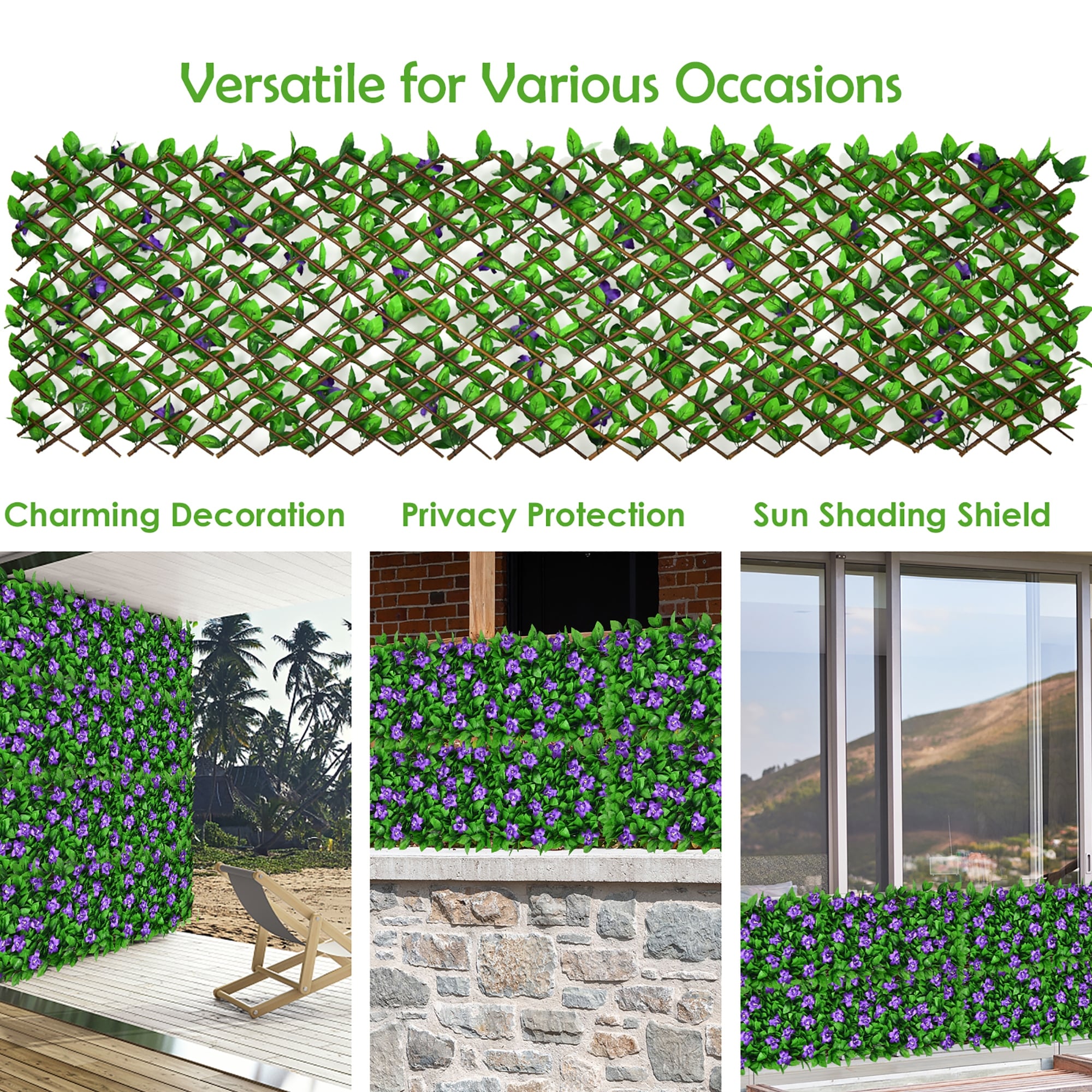 Costway Expandable Fence Privacy Screen Faux Ivy Panel w/White Flower - See Details - Overstock