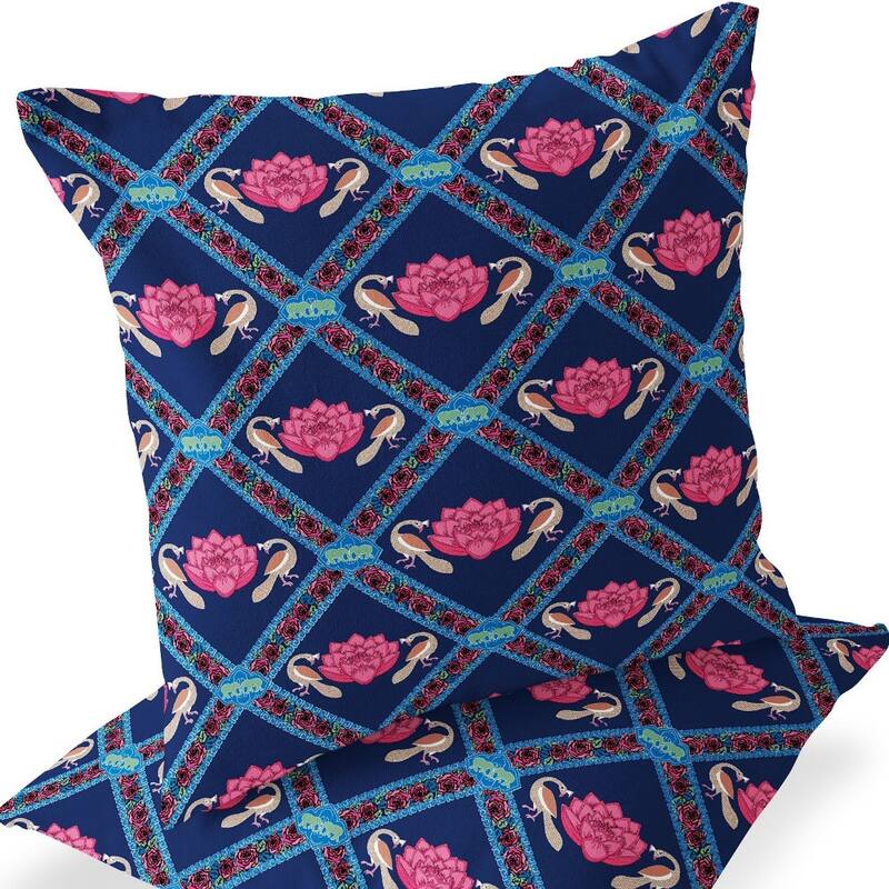 HomeRoots Set of Two 16" X 16" Blue and Pink Peacock Blown Seam Floral Indoor Outdoor Throw Pillow - 16.00' X '16.00' X '5.00