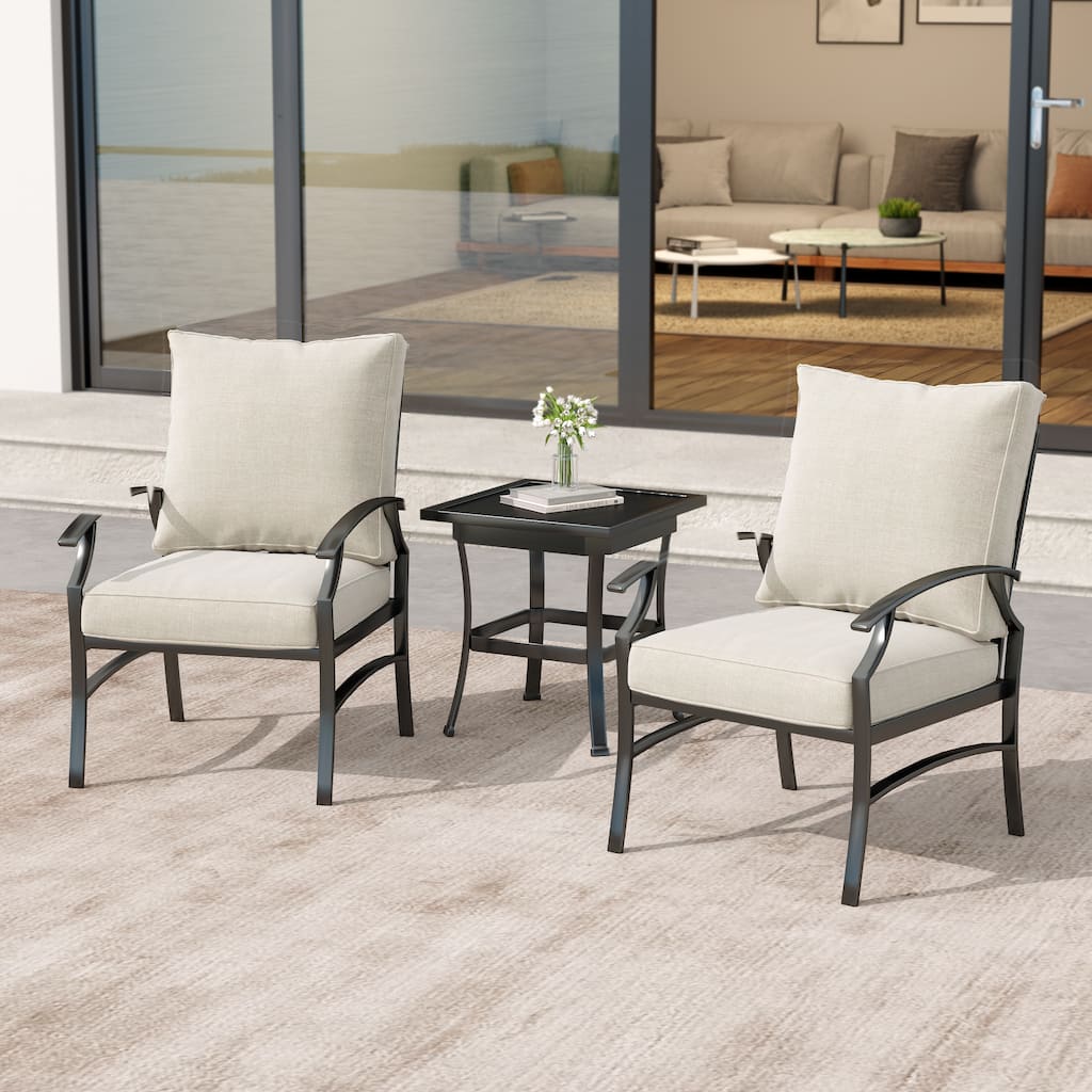3 Piece Patio Metal Armchair/Side Table Seating Group with Cushions