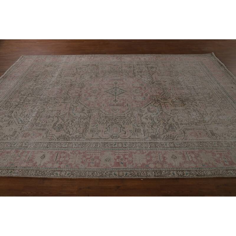 Geometric Beige Tabriz Persian Vintage Rug Hand-Knotted Wool Carpet - 7'10" x 11'0"