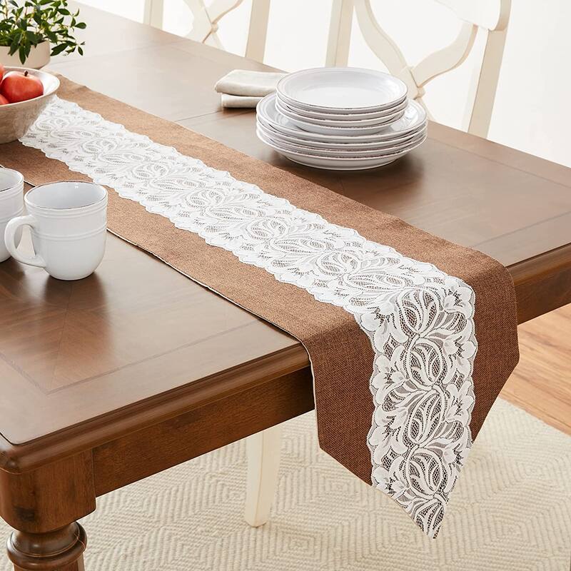 Violet Linen Eden Vintage Rustic Burlap Hessian Lace Table Runner