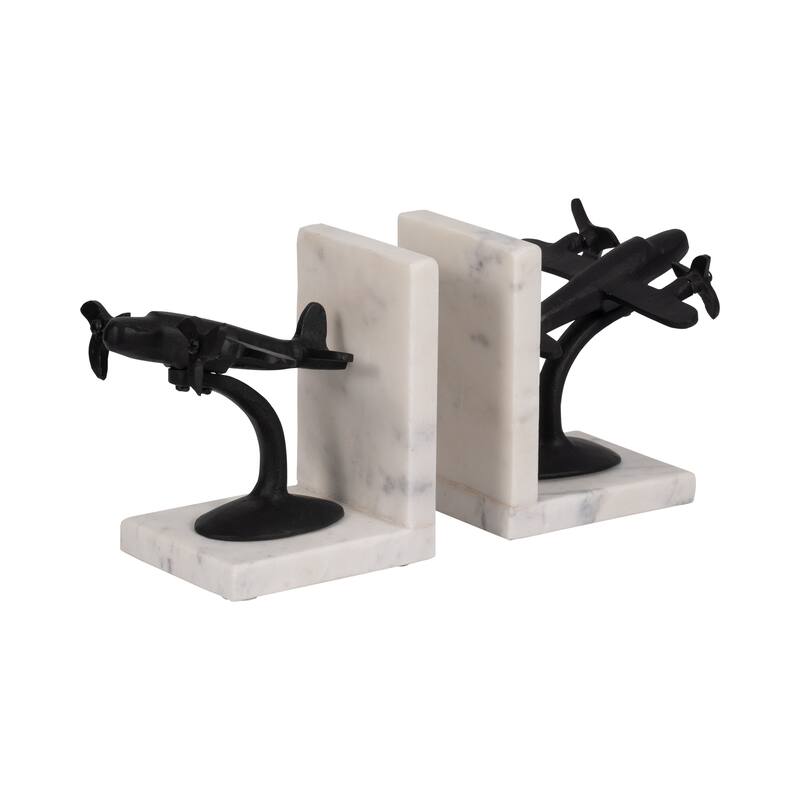 Decorative Airplane Bookends on Marble L-Shape Base - 6", Black &White - 6.25"