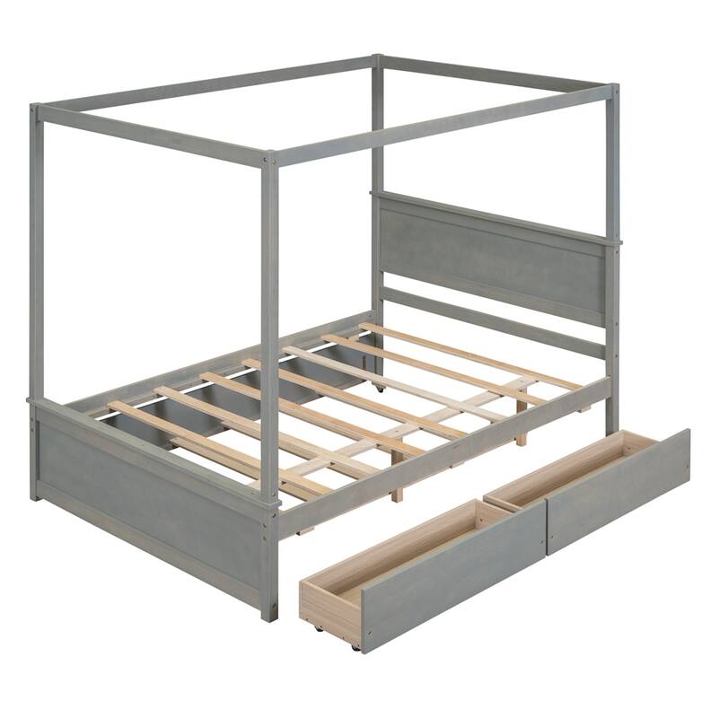 Wood Full Size Canopy Platform Bed with Trundle Bed and Two Drawers