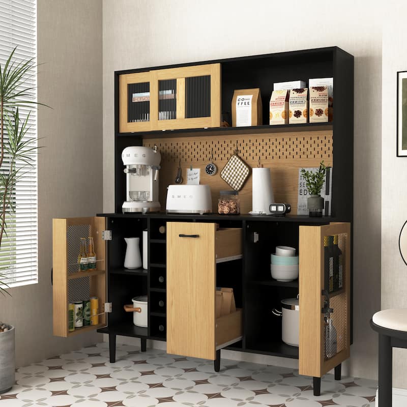 Kitchen Buffet Cabinet with Wine Rack, Coffee Bar Cabinet with Charging Station, Freestanding Storage Cabinet for Liquor