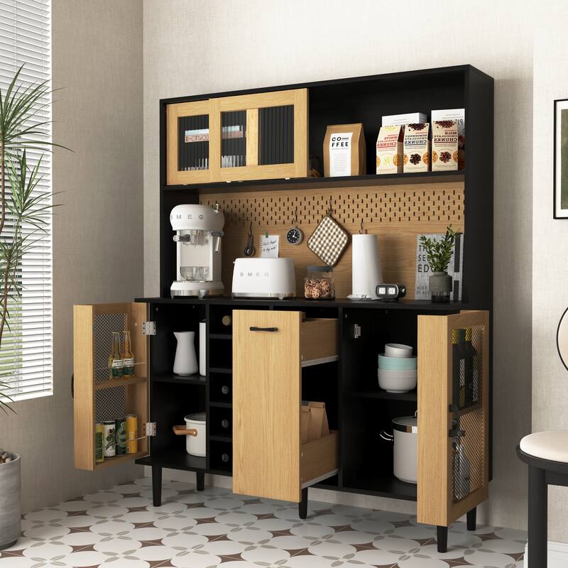 Kitchen Pantry Cabinet with Storage Doors, Coffee Bar Cabinet with Power Outlet, Buffet Sideboard Cabinet with Wine Rack