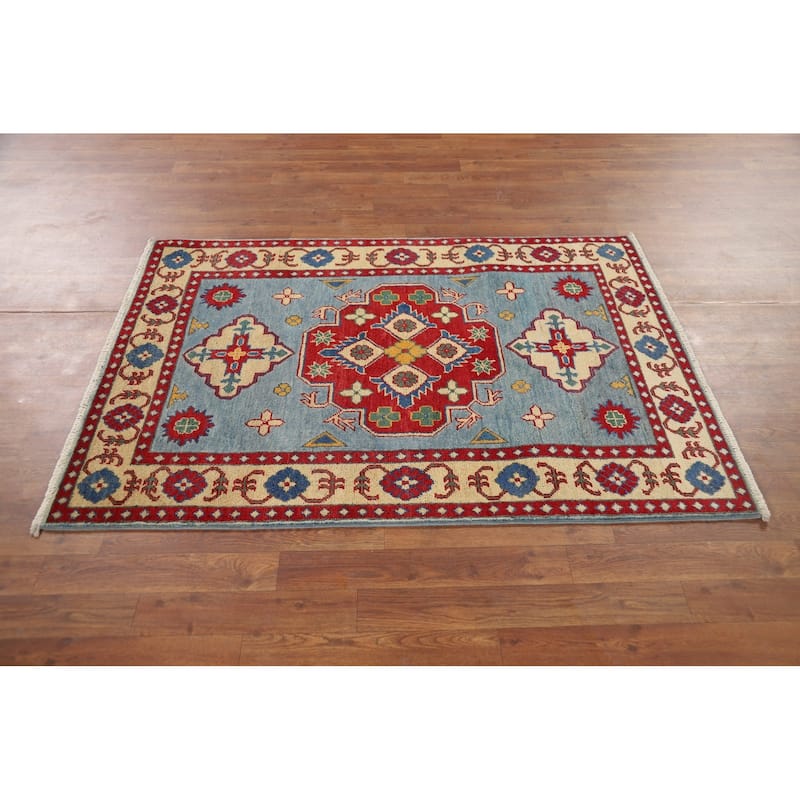 Blue Geometric Kazak Oriental Accent Rug Handmade Wool Carpet - 3'4" x 4'9"