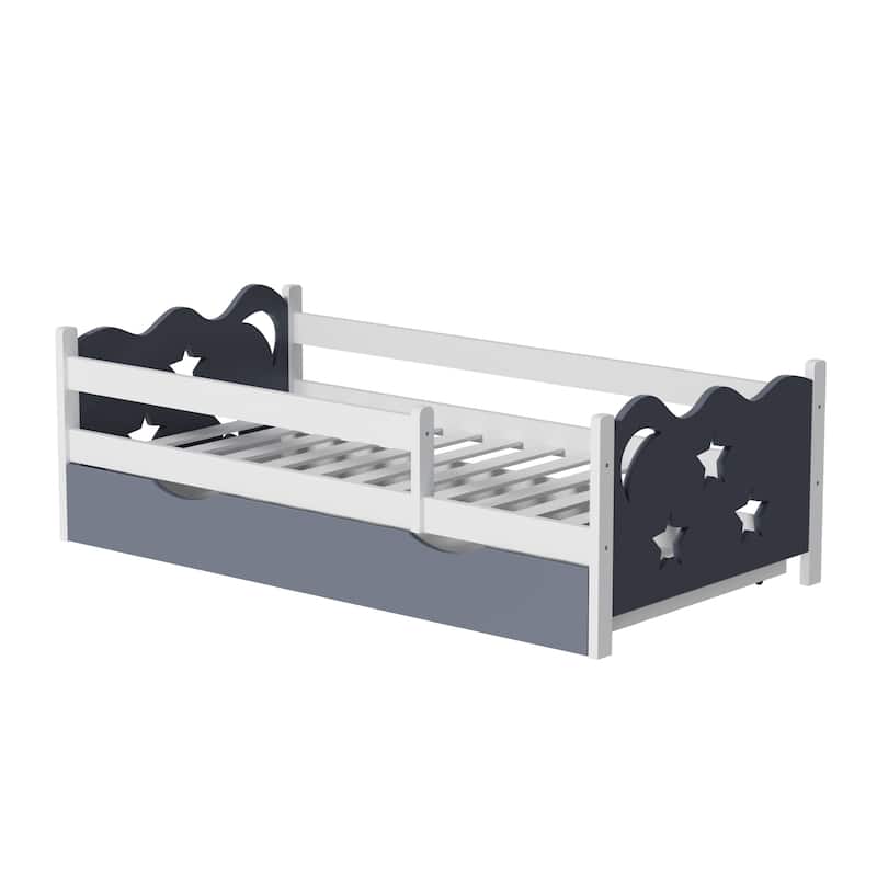 Kid's Bed Frame with star and moon decoration, Wood and bamboo Frames for Toddler Girls Boys, 8 Slats Support