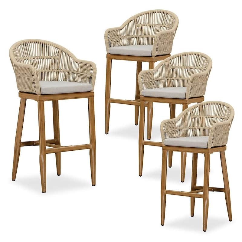 PURPLE LEAF Counter BarStools Set of 4 Aluminum Dining Chairs with Back and Cushions Rattan Bar Stools - Teak - Bar Height