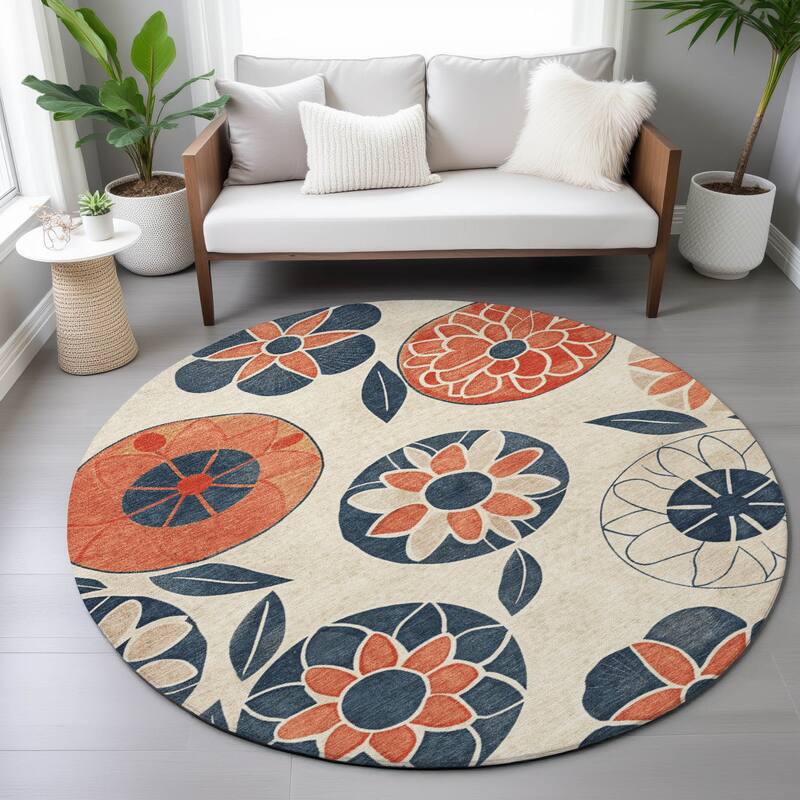Machine Washable Indoor/Outdoor Transitional Floral Chantille Rug