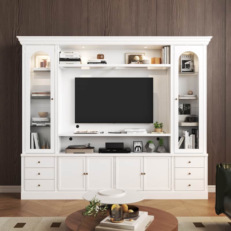 101.7" Large Entertainment Center with LED Spotlights TV Stand with Hutch & Glass Display Cabinets, Media Console Storage Unit
