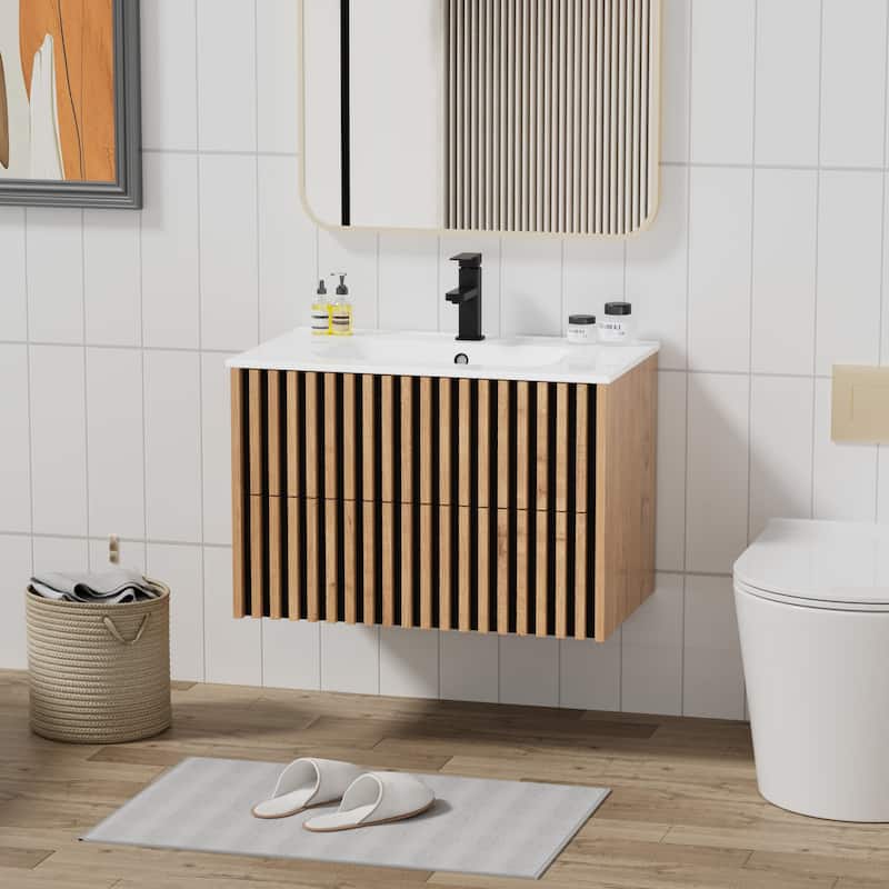 Wall Mounted Bathroom Vanity Set Mid-Century Storage Cabinet with Ceramic Sink