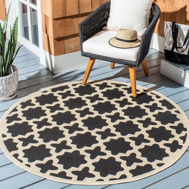 SAFAVIEH Courtyard Dorthey Indoor/ Outdoor Waterproof Patio Backyard Rug - 5'3" Round - Black/Beige