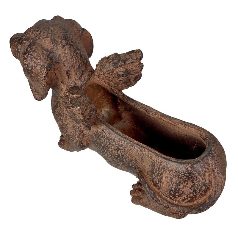 Flying Wiener Dog Planter 18" Brown, With Drain Hole, Rustic Garden - 11 X 18 X 7 inches