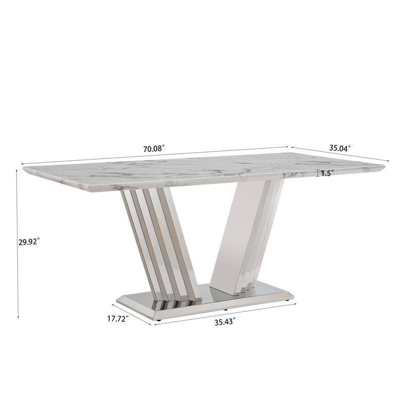 70'' Rectangle Faux Marble Dining Table with Mirrored Finish Stainless Steel Base - Silver+White