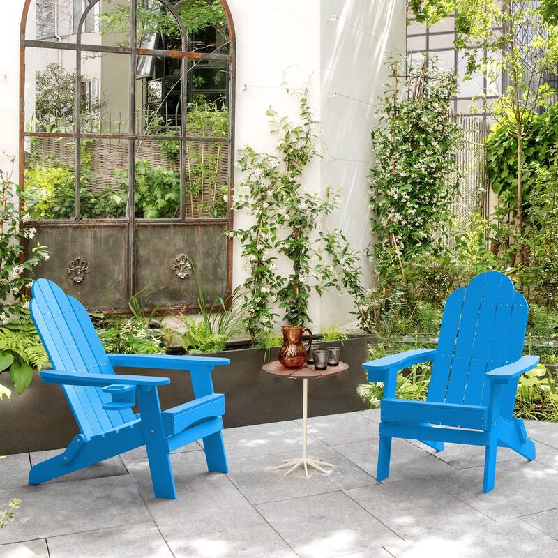 Eco-Friendly Patio Folding HDPS Plastic Outdoor Adirondack Chairs With Cup Holder - 35"D x 30"W x 36.2"H