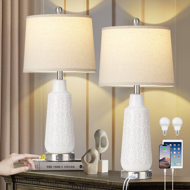 White Ceramic Table Lamps Ginkgo Leaf Texture with 3-Way Touch Dimming Switch (Set of 2) - 12.5'' x 12.5'' x 27'' (L x W x H) - 12.5'' x 12.5'' x 27'' (L x W x H) - White
