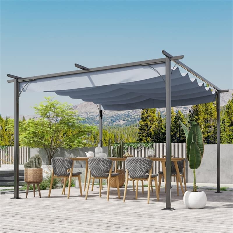 9.8' x 9.8' Outdoor Retractable Canopy Gazebo with Steel Frame for Backyard and Garden - 9.8' L x 9.8' W x 7.5' H
