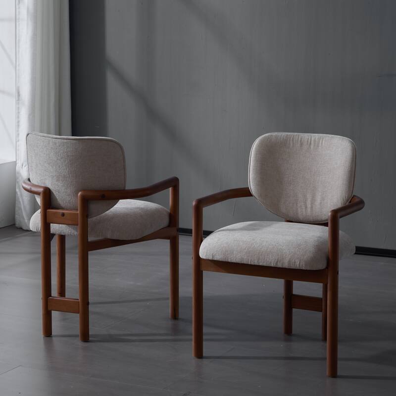 Dining Chairs Set of 2 Upholstered Arm Chairs, Modern Fabric Accent Chairs with Rubber Wood Legs - Beige