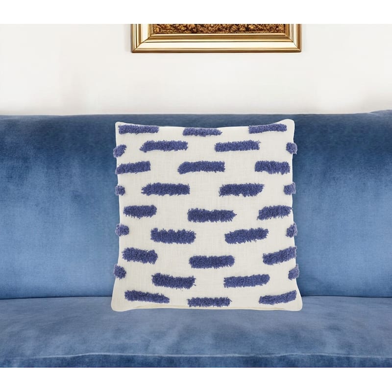 18" Blue and White Geometric Cotton Throw Pillow - Accent - Polyester