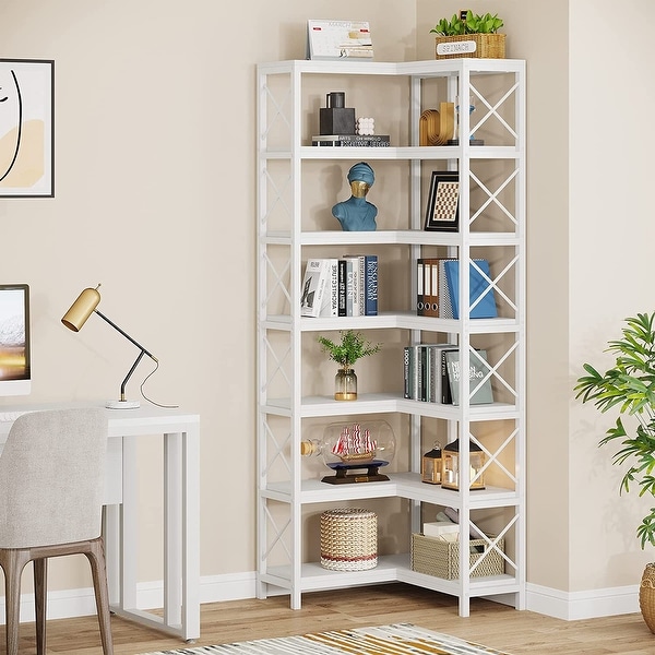 7-Shelf Corner Bookshelf, Large Industrial Corner Bookcase Corner