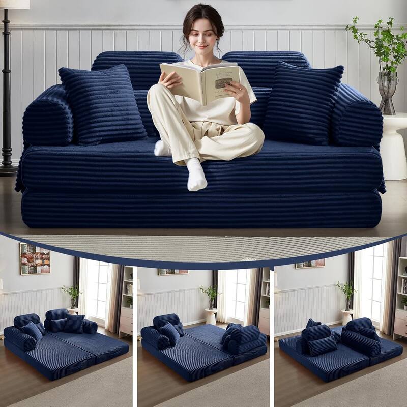 Convertible Sleeper Sofa Bed, 78.5" Corduroy Foldable Loveseat Sofa, King Size Floor Mattress Couch, No Assembly Required - Navy Blue