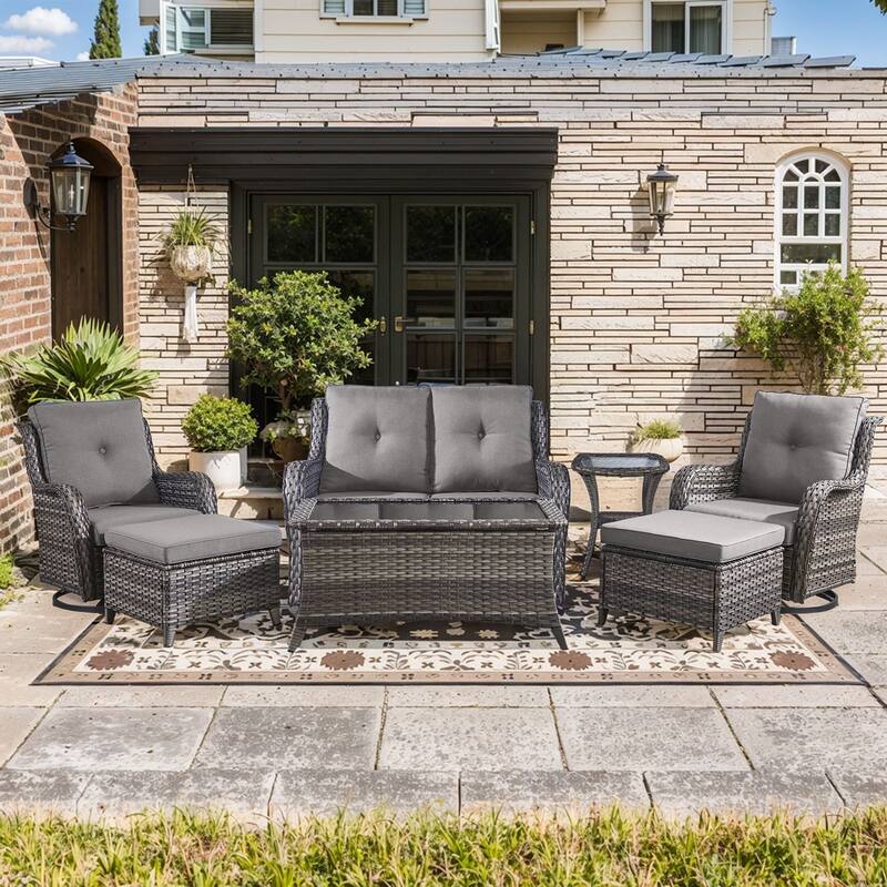 Pocassy Outdoor Sofa Swivel Chairs Table Ottoman 4 Inch Set - Grey Wicker Grey Cushion - 7 Pieces 2-Seat Sofa Swivel Chair Table Ottoman