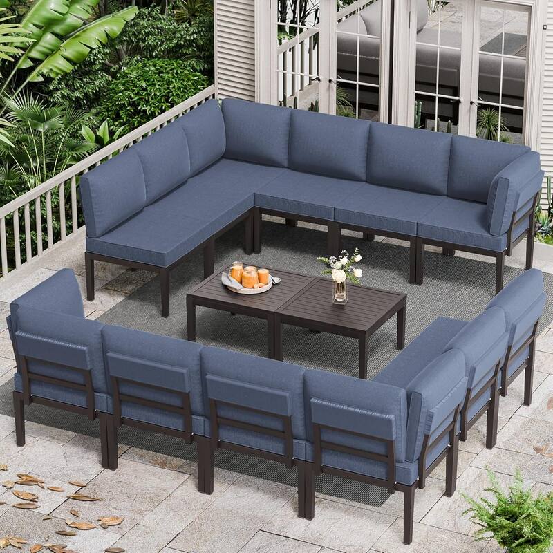 Kullavik 7 Piece Outdoor Furniture Set, Modern Metal Sectional Sofa with Thick Cushions and Coffee Table - Navy Blue - 14Pcs